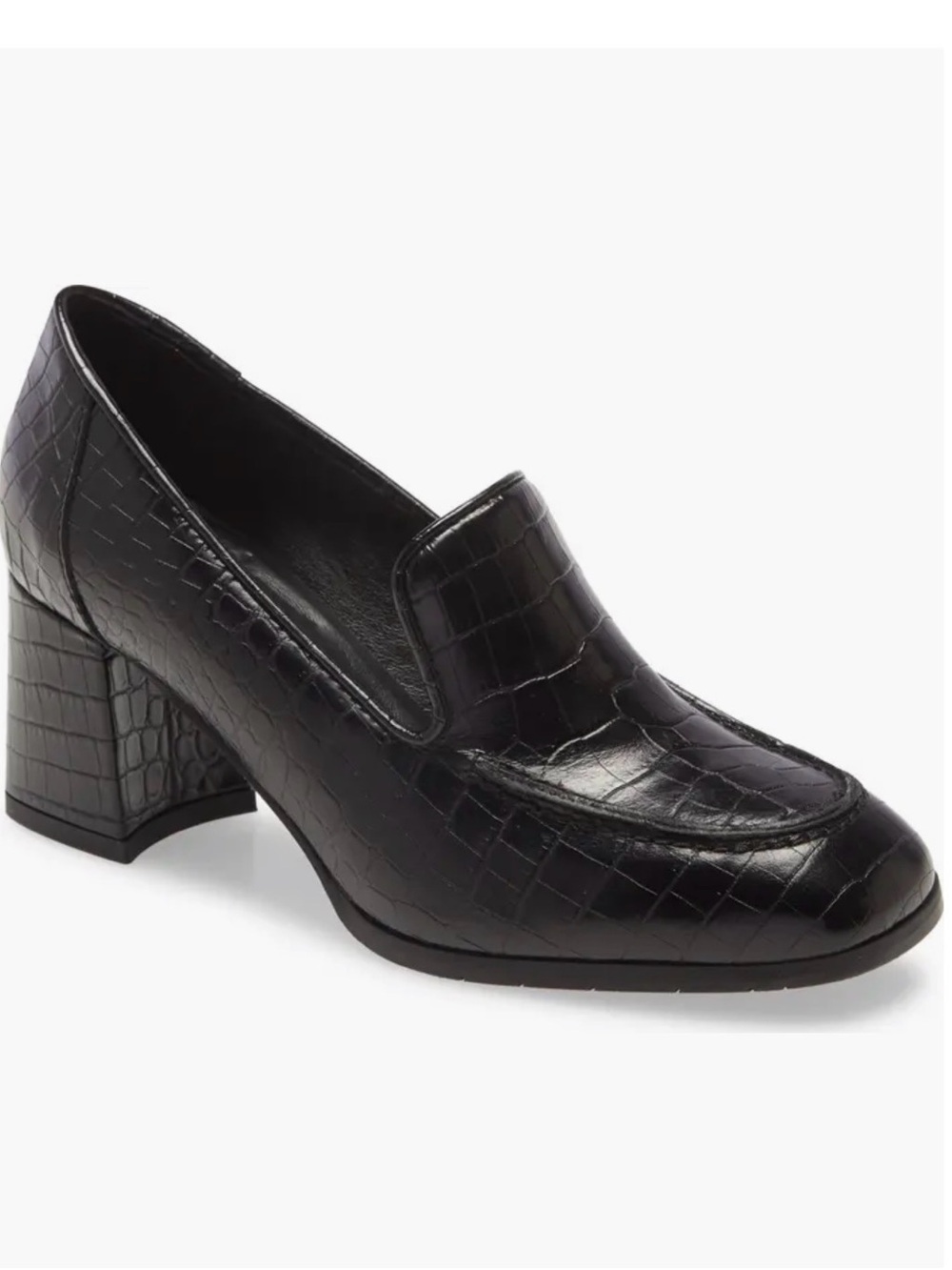 Aquatalia Michelle Black Croc-Embossed Block Heel Loafers
